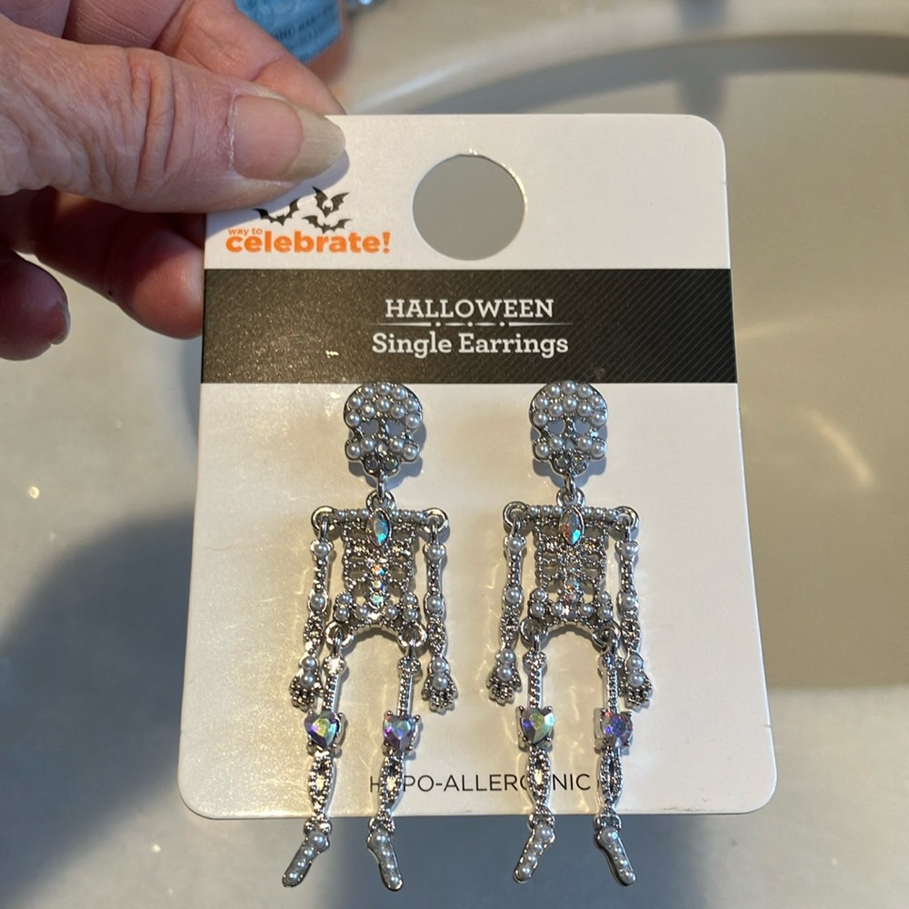 NEW Skeleton Pierced Earrings Hypoallergenic Rhinestones & Faux Pearls